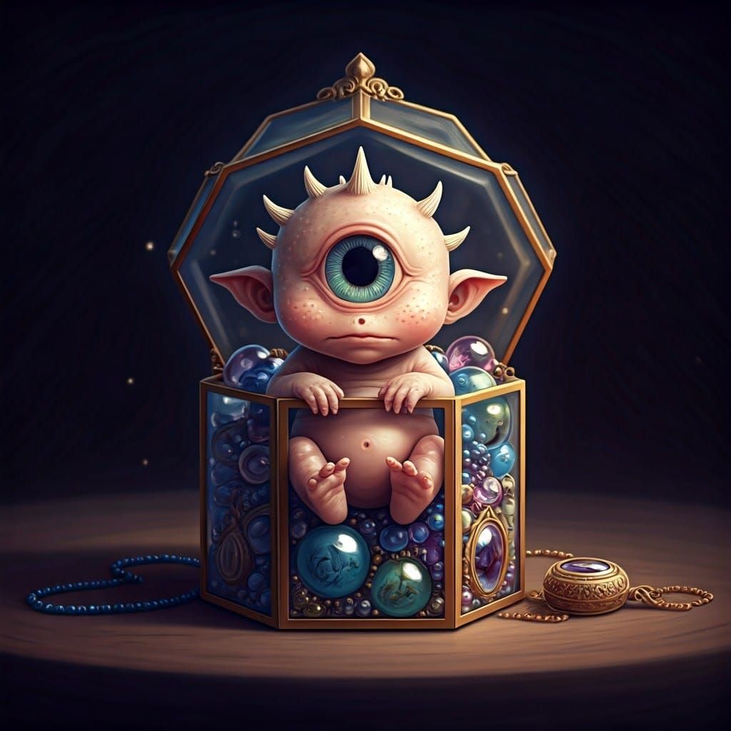 A cute miniature baby cyclops sitting in a glass jewelry box overflowing with glowing glass jewelry.