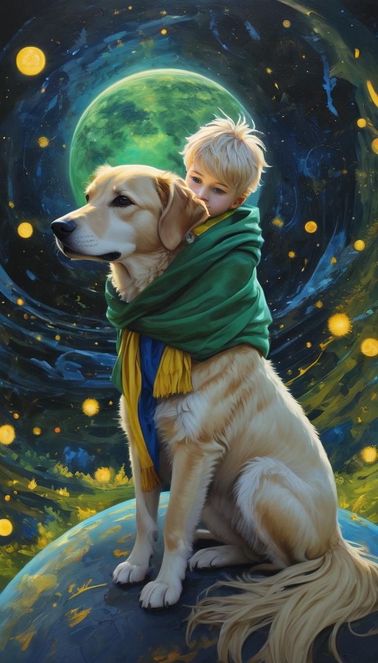 An oil painting shows the back of the Little Prince sitting ...