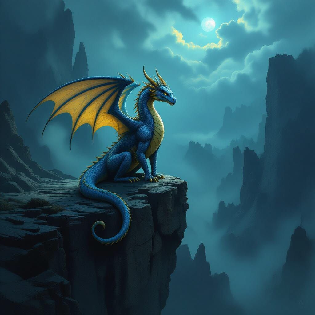 Blue and Yellow Dragon on Cliff Overlooking Cursed Wasteland