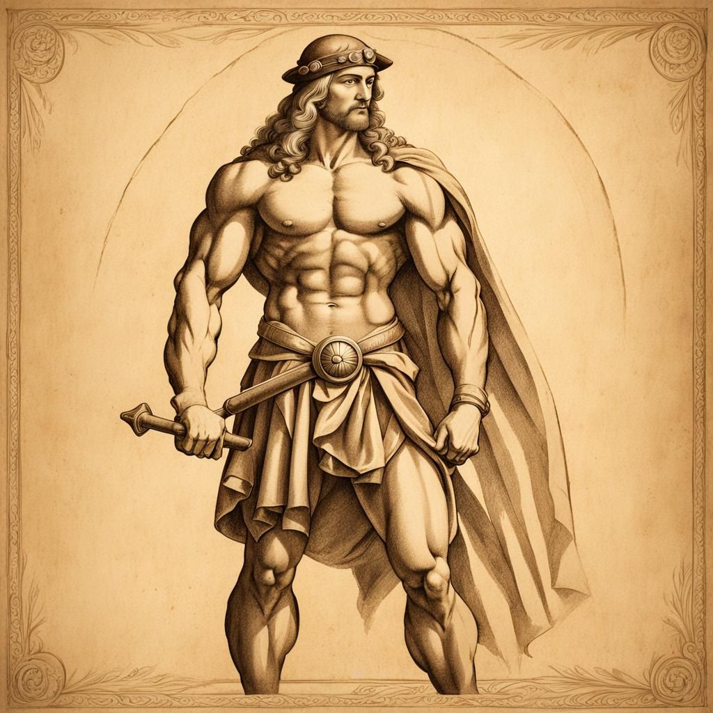 Leonardo da Vinci inspired illustration of a muscular man, c...