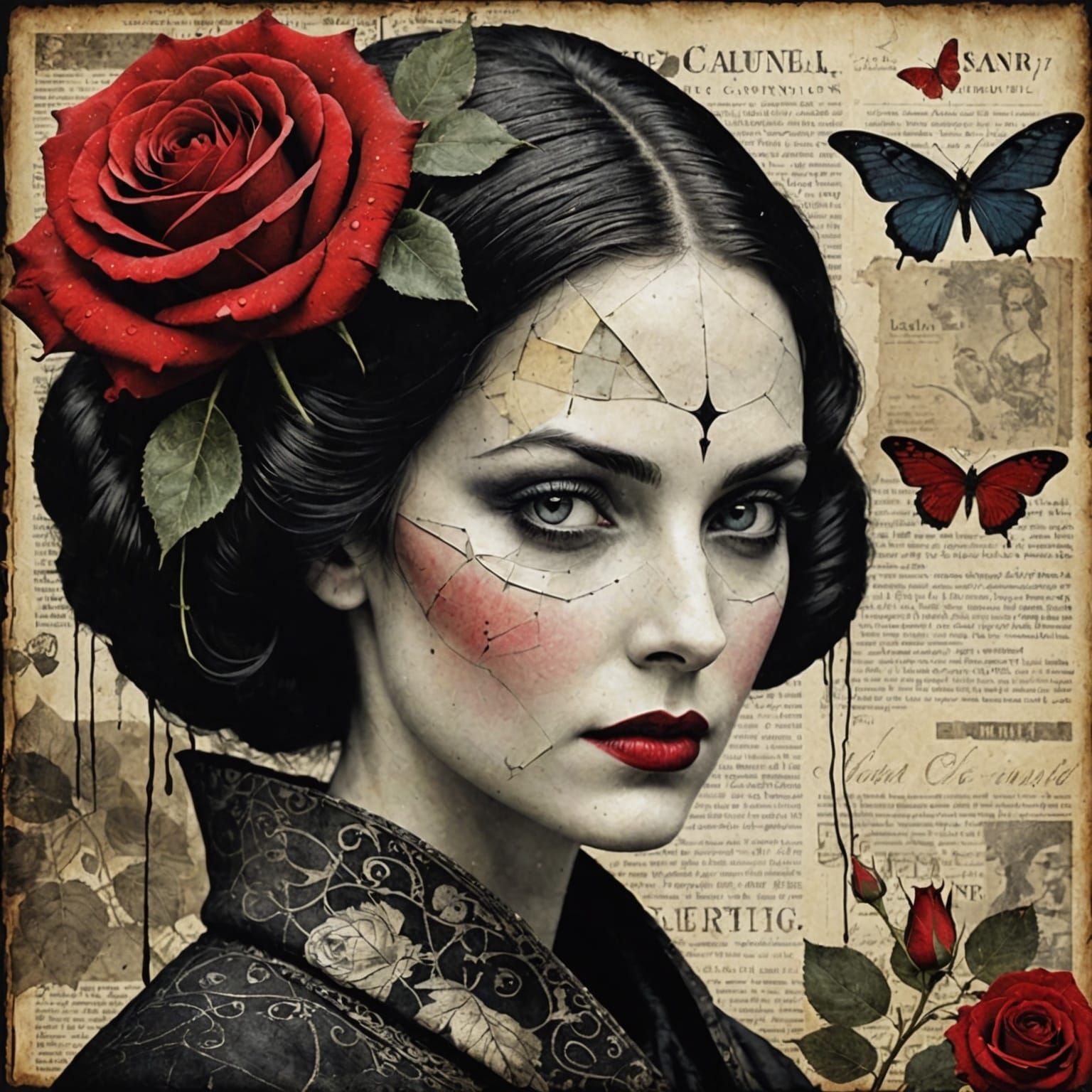 "Lady vampiress." Collage. Beautiful charcoal and ink Portrait. Mixed media. Newspaper clippings, photos, ...  by @Eclectic shambles