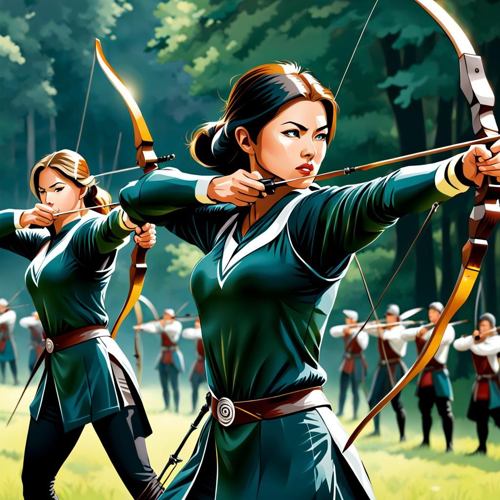 Dynamic illustrations of archers in action, demonstrating th...