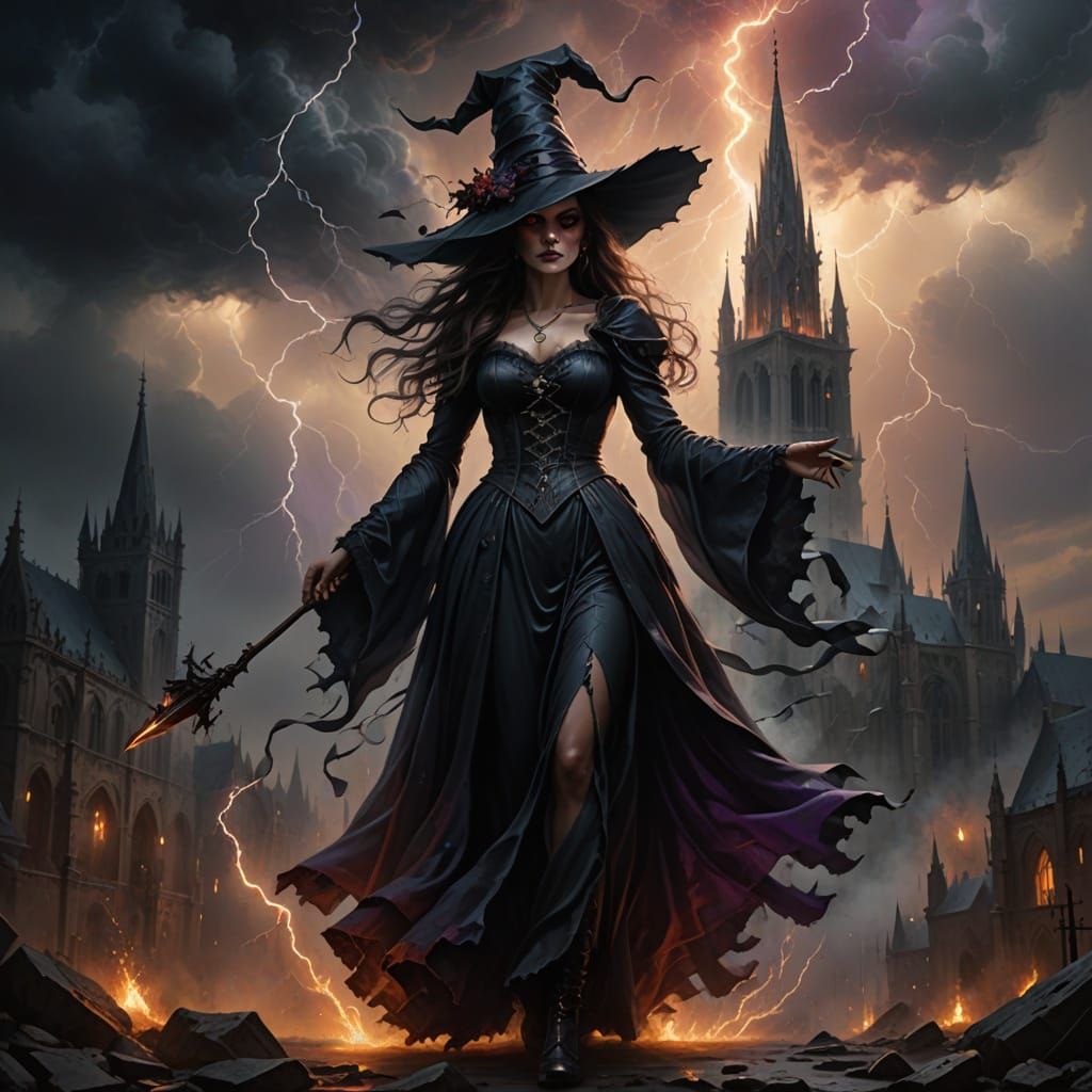 *A powerful dark witch floating in a stormy gothic landscape, wearing a long, tattered black gown that ...  by @TEEGRAF