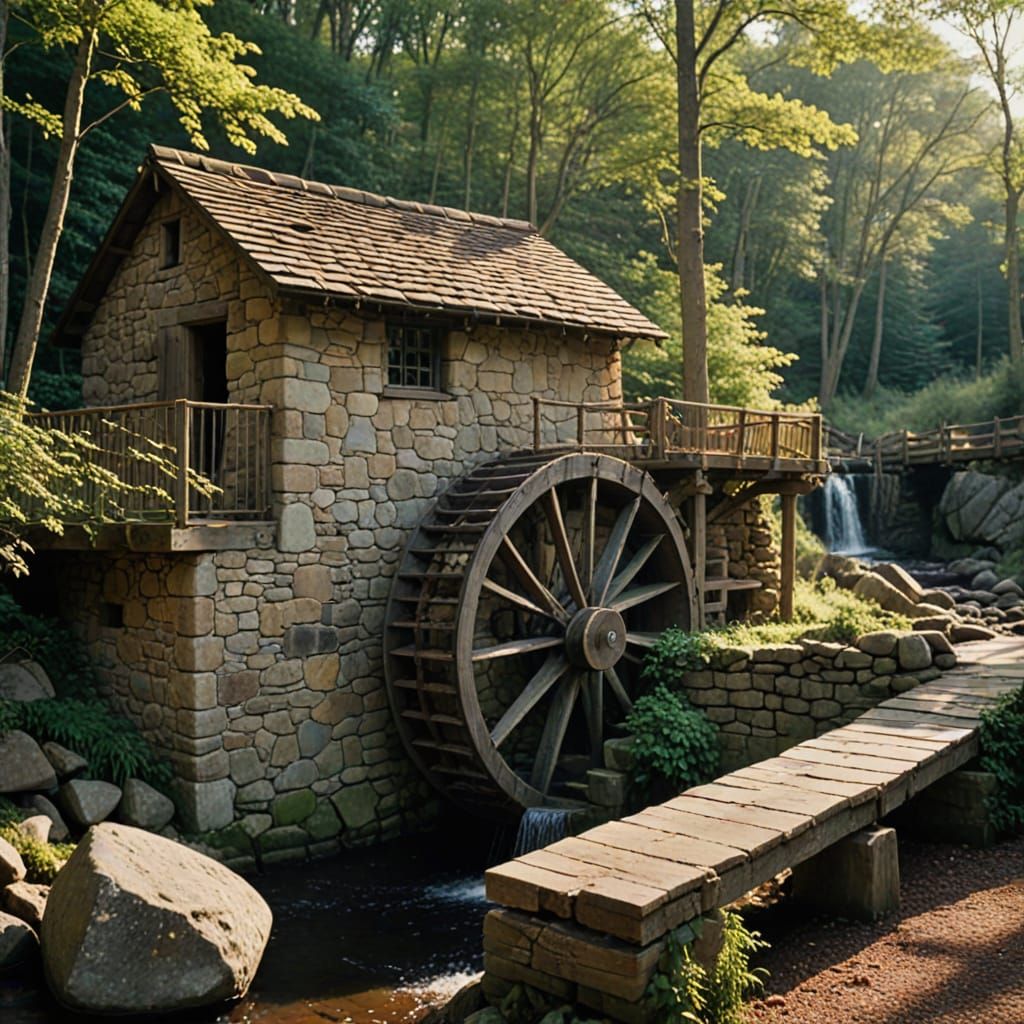 A rustic waterwheel turning beside a quiet mill in the woods.  The trees are dense in the forest that ...  by @J_Creations