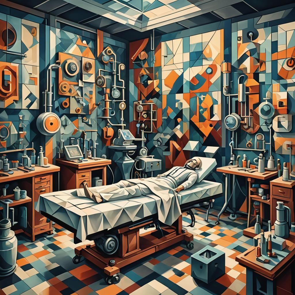 a laboratory of the 1800s with a body lying on a gurney with...