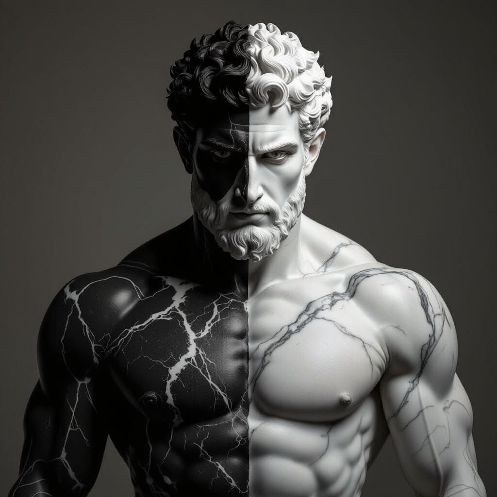 muscular god with black and white marbled skin eyes and hair (short) of mostly black on the left side and white on the right