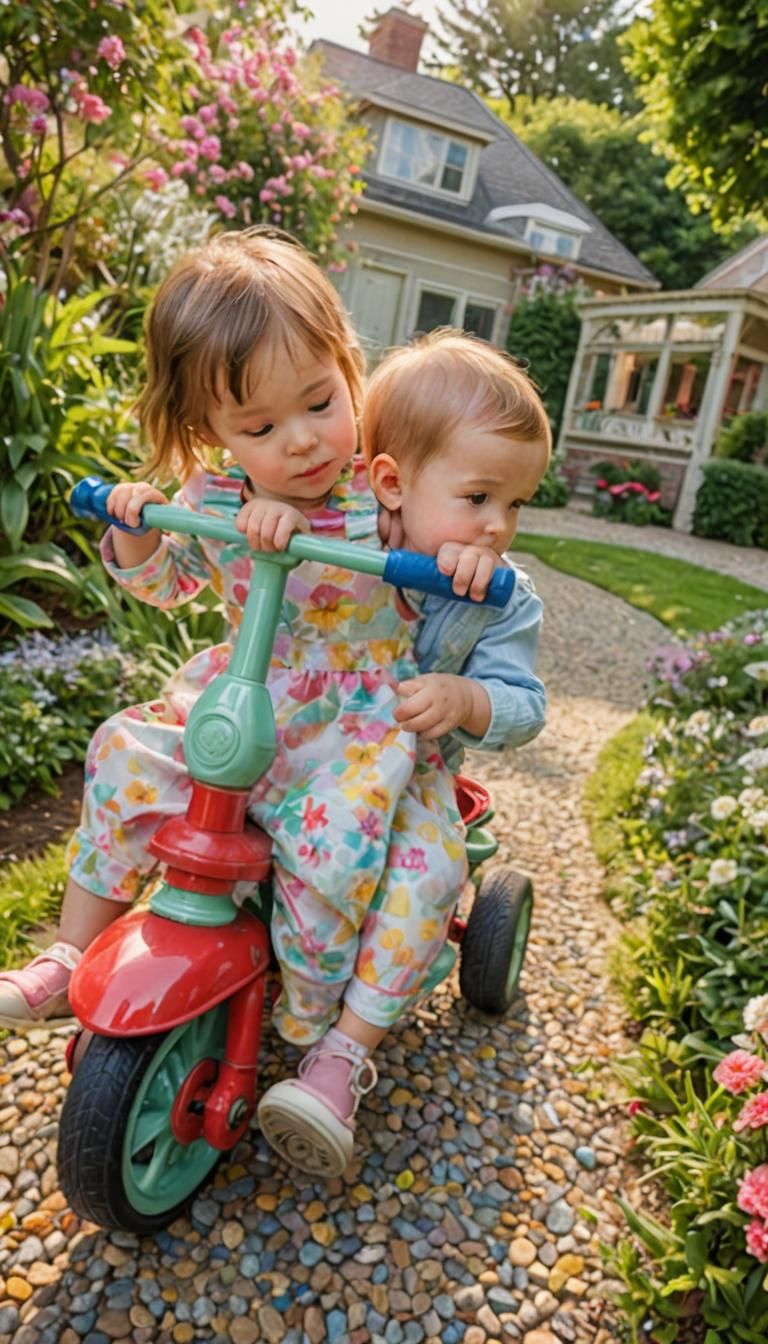 A toddler girl and a baby boy riding on a tricycle in the ga...