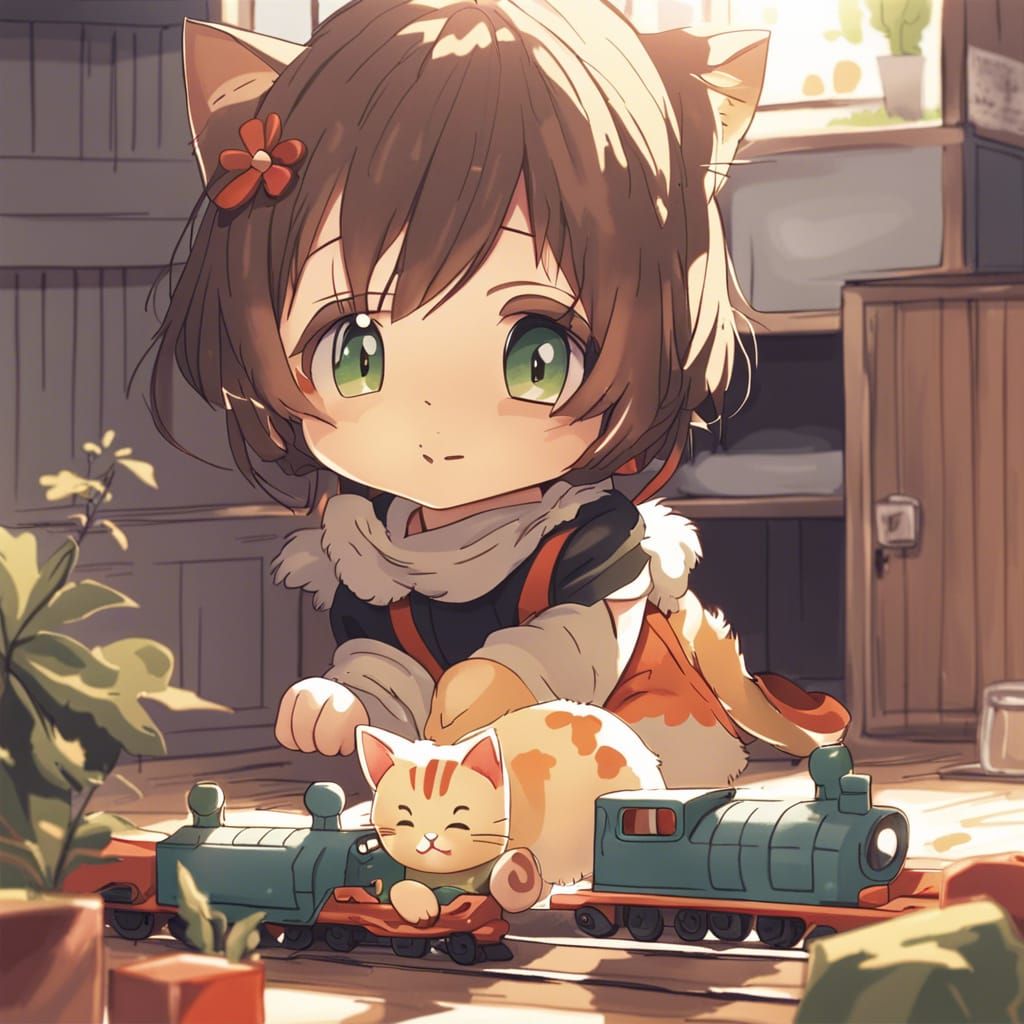 cat playing with a toy train set AI Generated Artwork NightCafe Creator