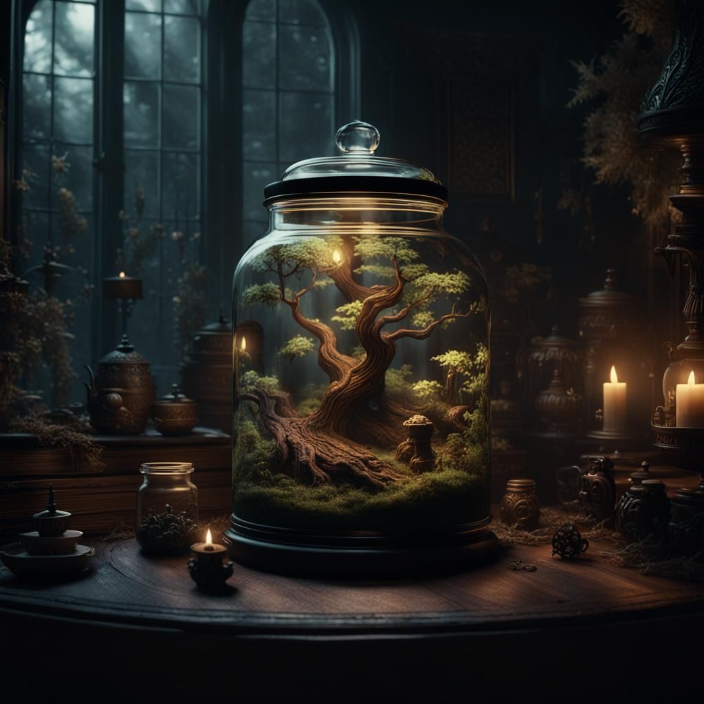 Spectacular little dark fantasy forest in the transparent jar on a table,cosy room interior, dark fantasy, ...  by @Darkwolf