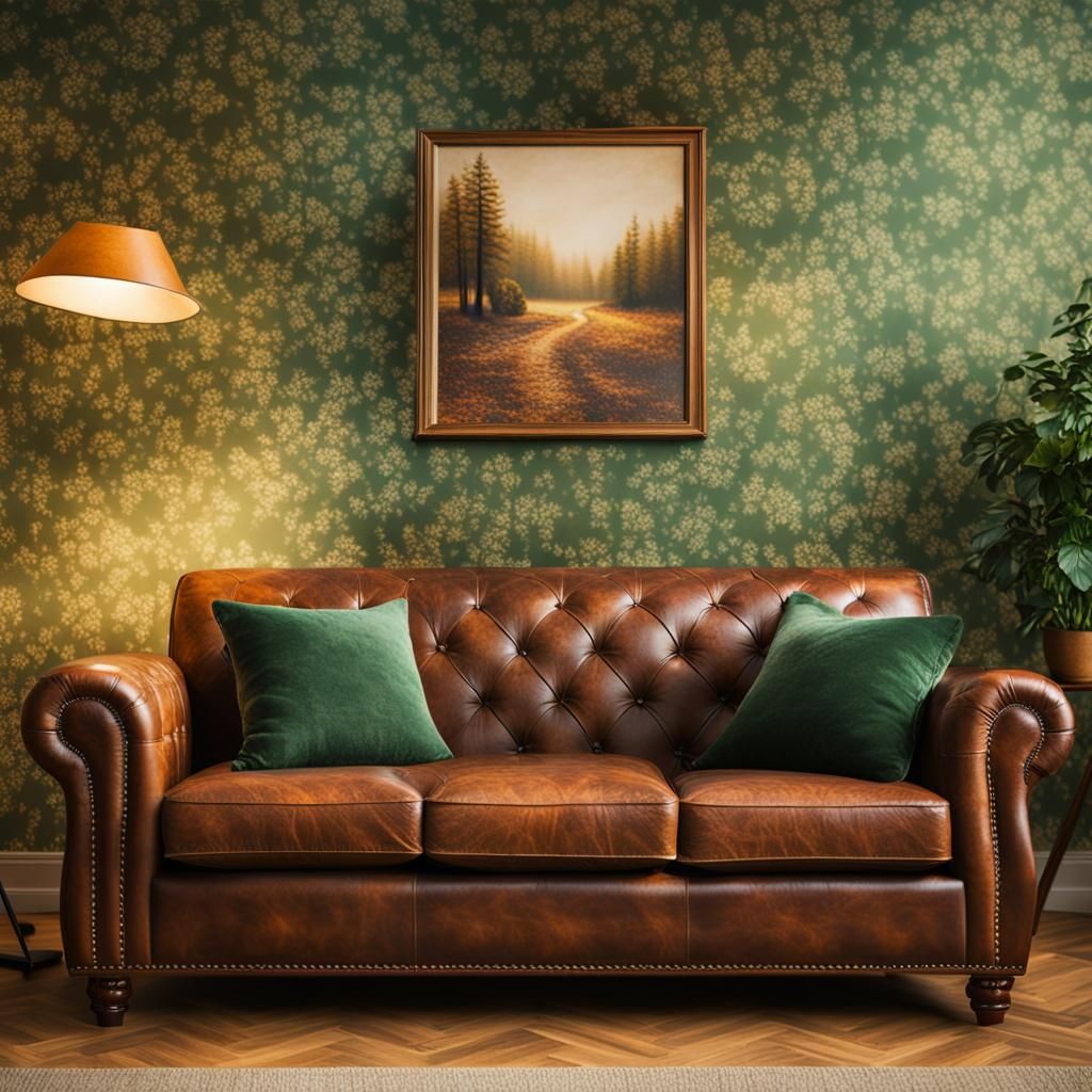 A working room in house, green color wallpaper, vintage styl...