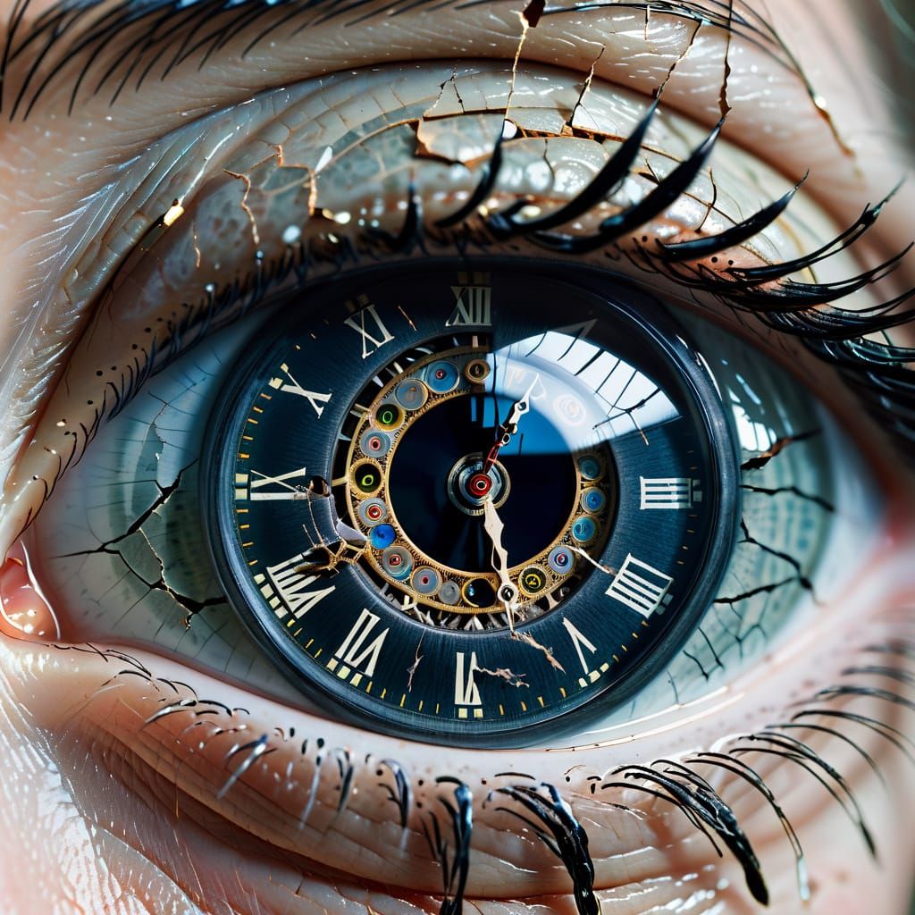 Macrophotograph of one eye with a cracked clock with hands and numbers in its pupil. Time seems to be ...  by @Chris Graham