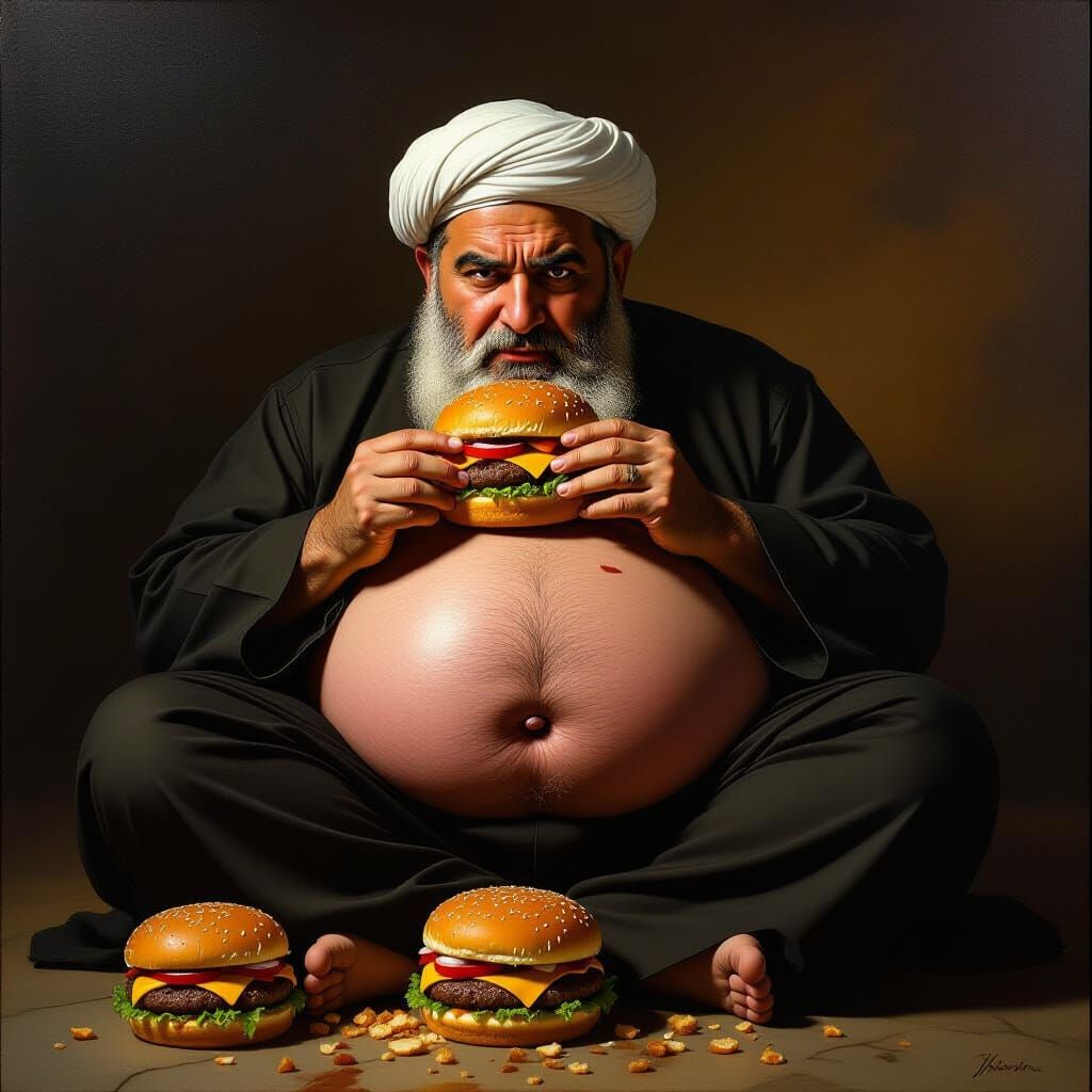 Hyperrealistic Painting of Nasrallah Eating Hamburger on Sin...