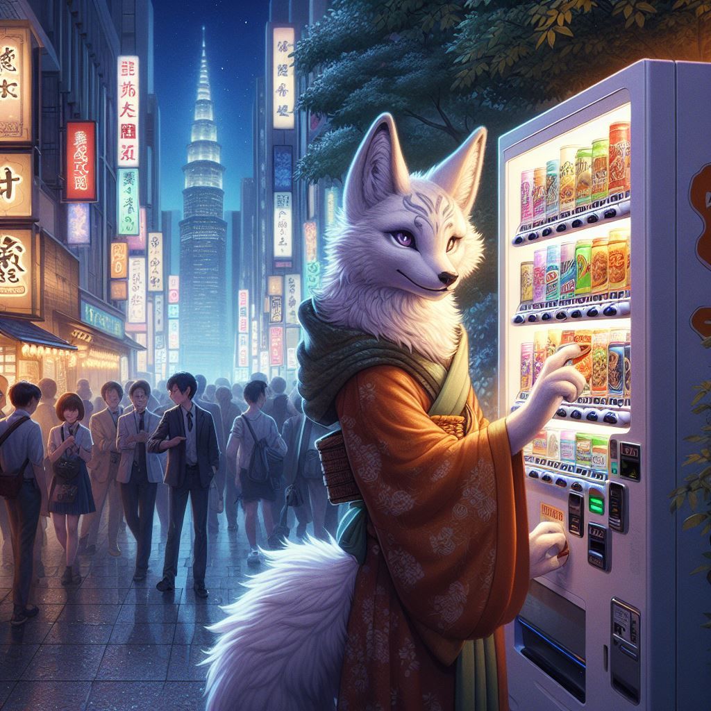 Kitsune in modern Tokyo using a vending machine