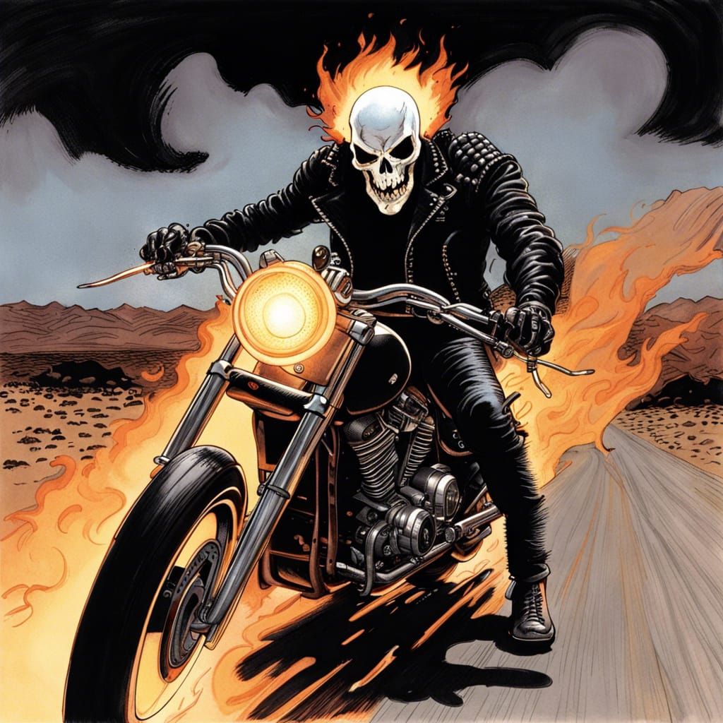 Portrait of Marvel's Ghost Rider, speeding on a magnificent black low ...