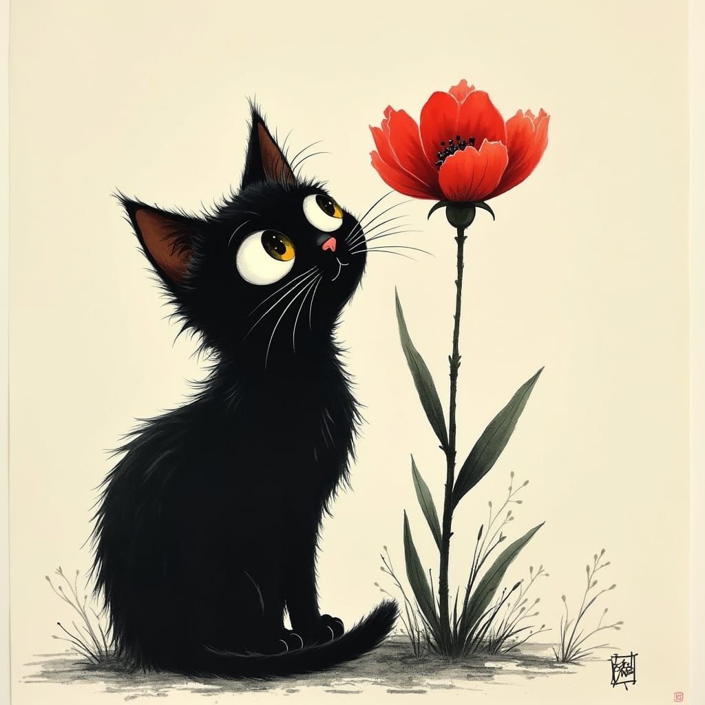 Whimsical Cat Observes Delicate Red Flower in Minimalist Set...