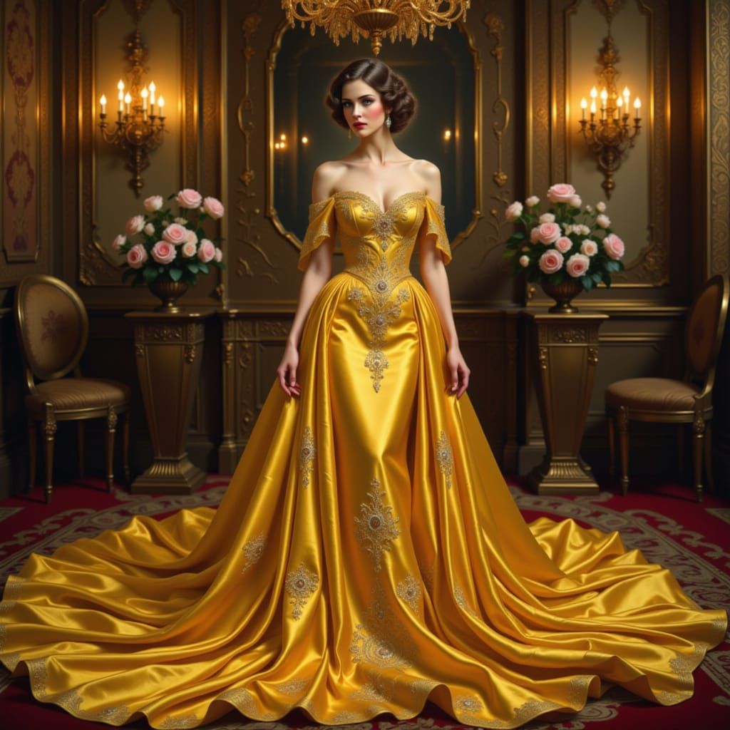 Woman in Opulent Silk Gown, Regal Palace Setting