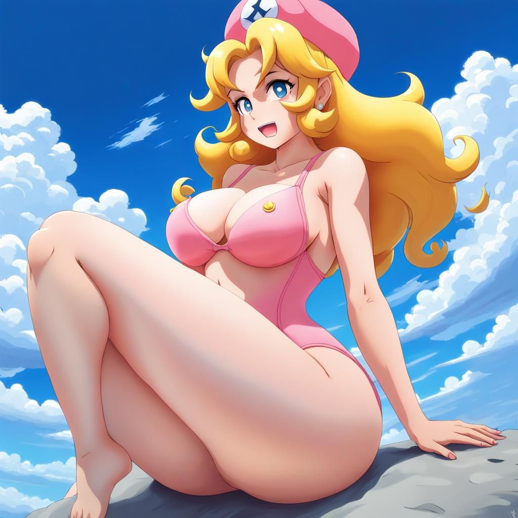 princess peach, 2d anime style, one piece swimsuit, posing seductively,  ultra wide hips, huge chest, motherly, blue background with clouds,... - AI  Generated Artwork - NightCafe Creator