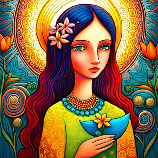 girl with birds, flowers, fairytale, magic realism, mysterio...