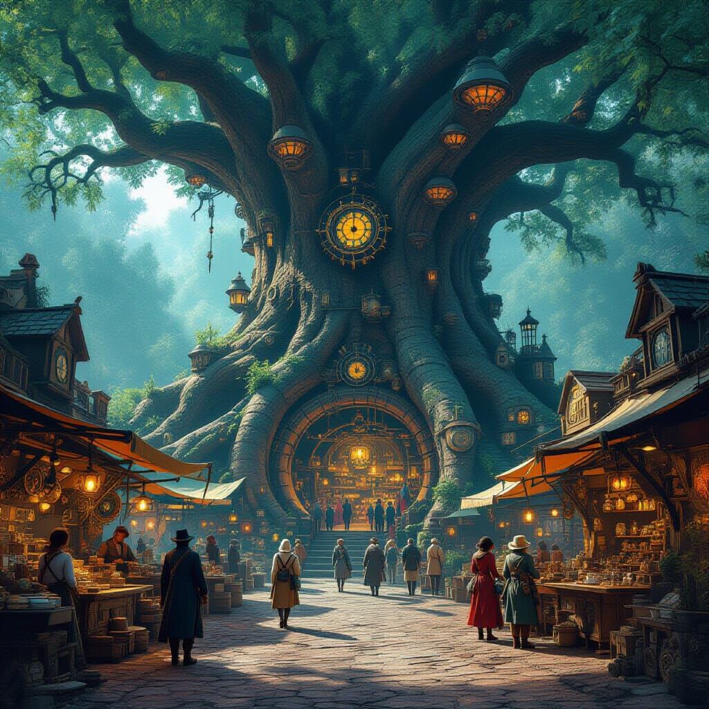 Steampunk Marketplace Inside Hollow Tree, Matte Painting