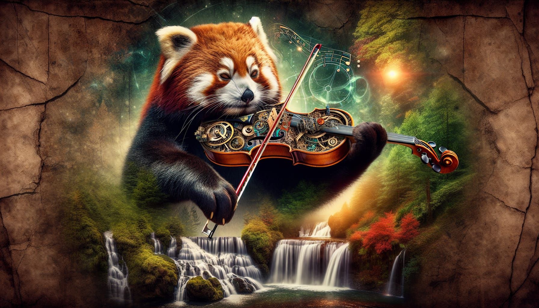 Red Panda playing Violin in a lithographic style