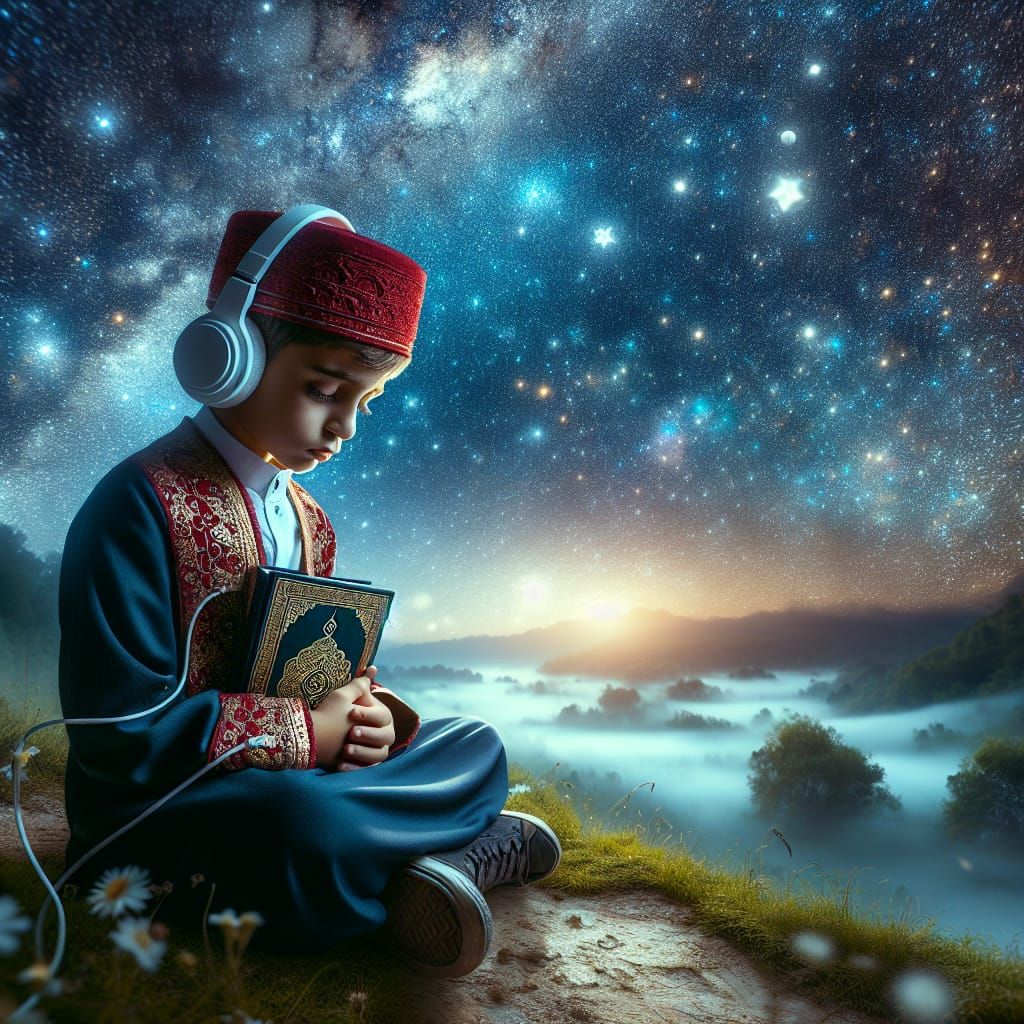 a smooth heart fealt atmosphere with stars in sky, a boy, wearing red roomi hat, with his headphone being part of the beauty of Qur'an, look...