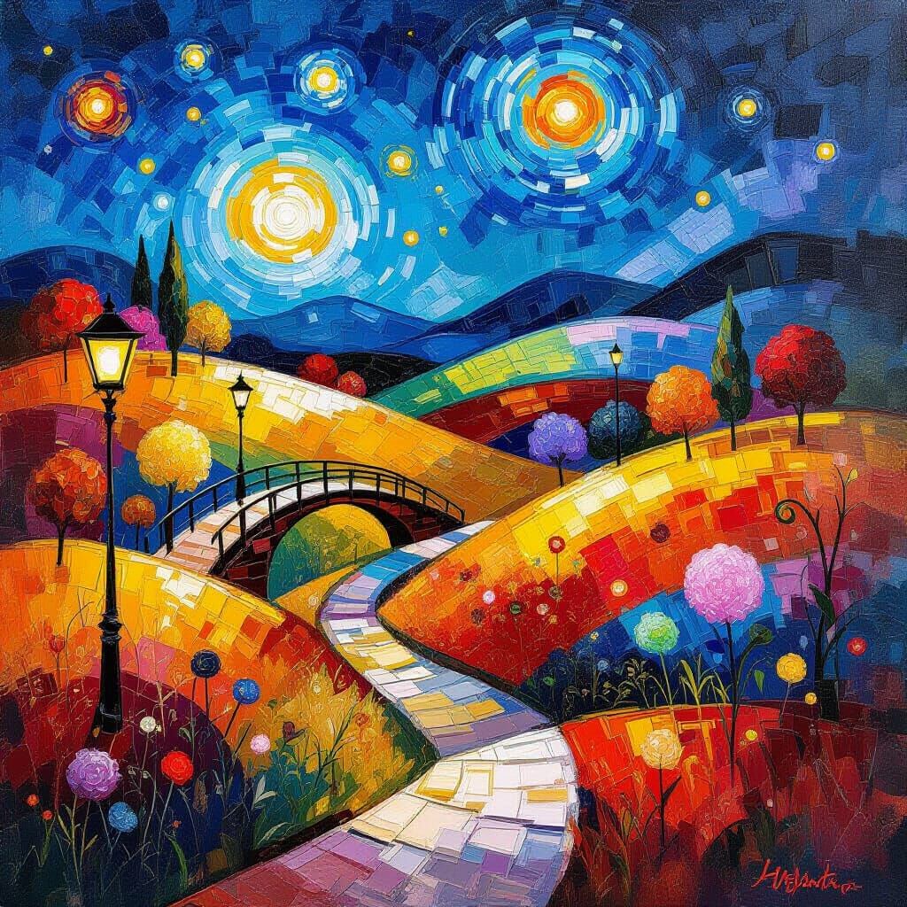 Post-impressionism in the style of Afremov, thousands of bright, bold colours, lots of small palette ...  by @undefined