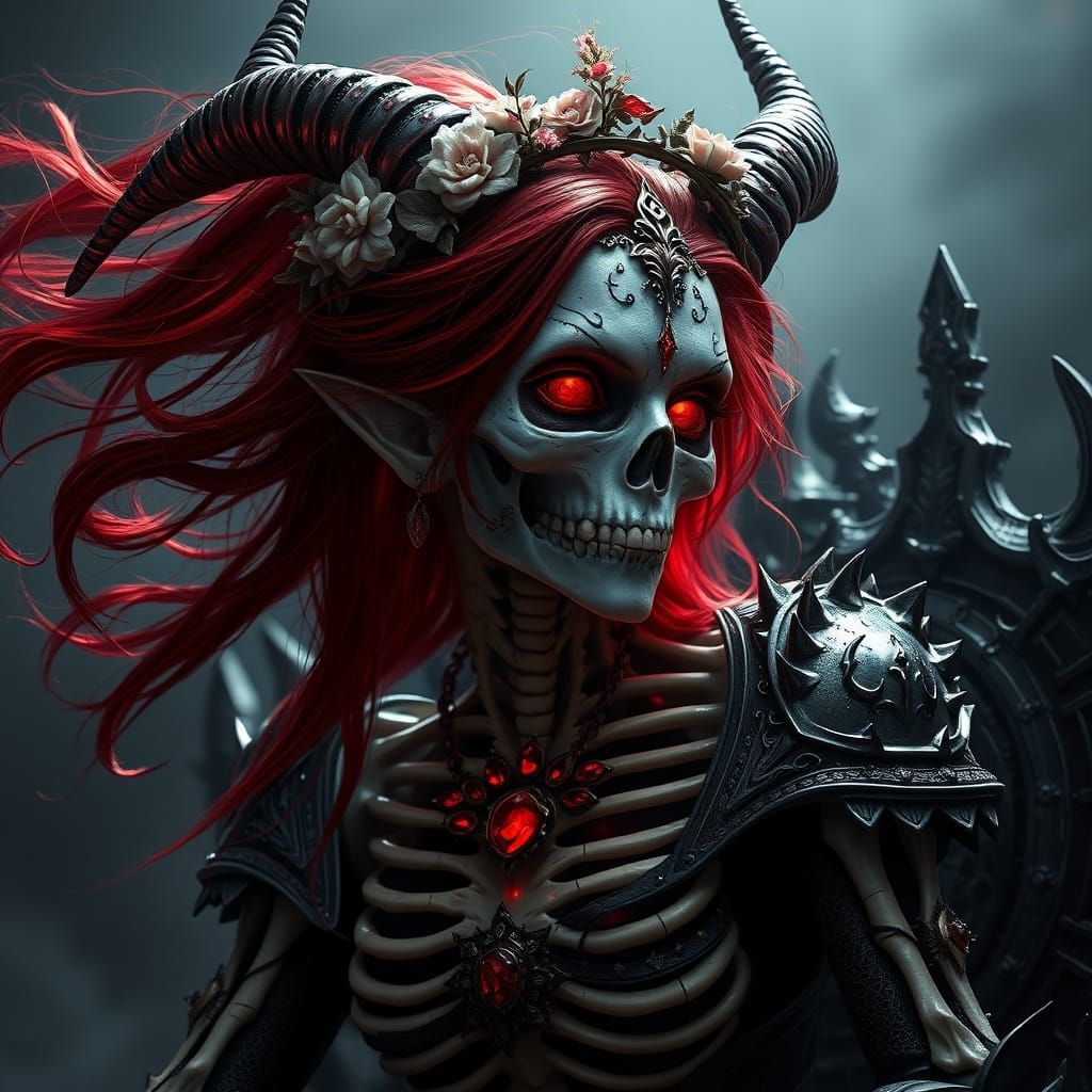 Ethereal portrait of a female lich-demon with shimmering dark red hair flowing around a skeletal face etched with intricate bone structure, ...