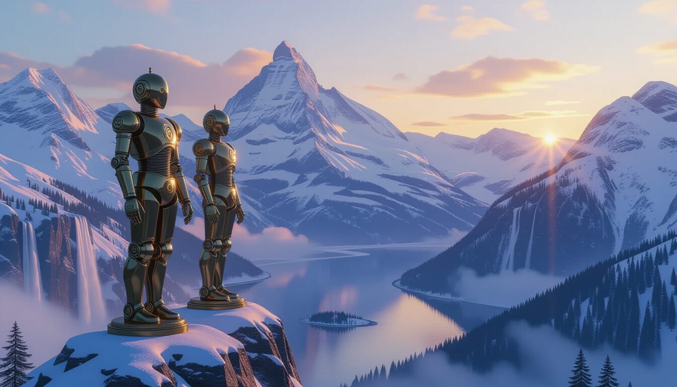 Dos majestuosos autómatas, elaborado con latón pulido y un intrincado mecanismo de relojería, vigilan la cima de un colosal pico montañoso c...