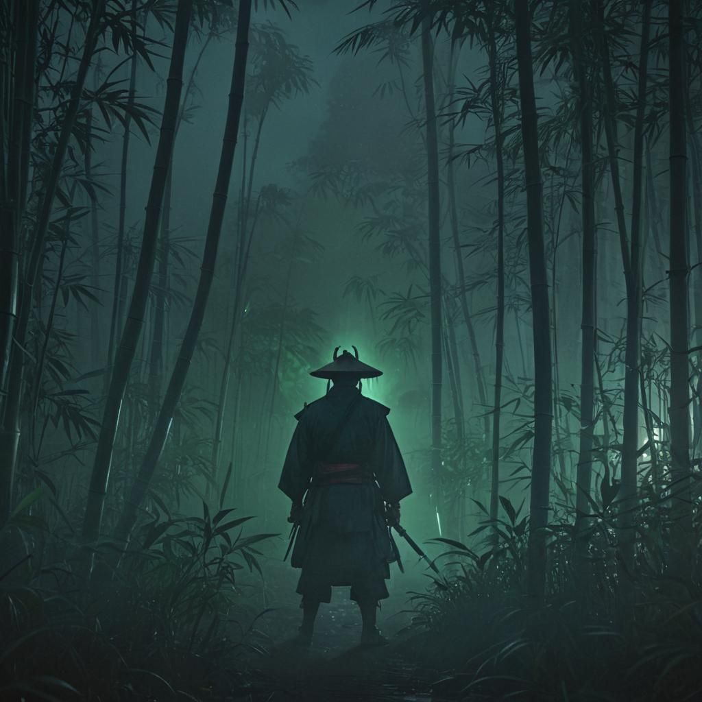 Hyperrealistic, Japanese forest, bamboo, mountain, fog, nigh...