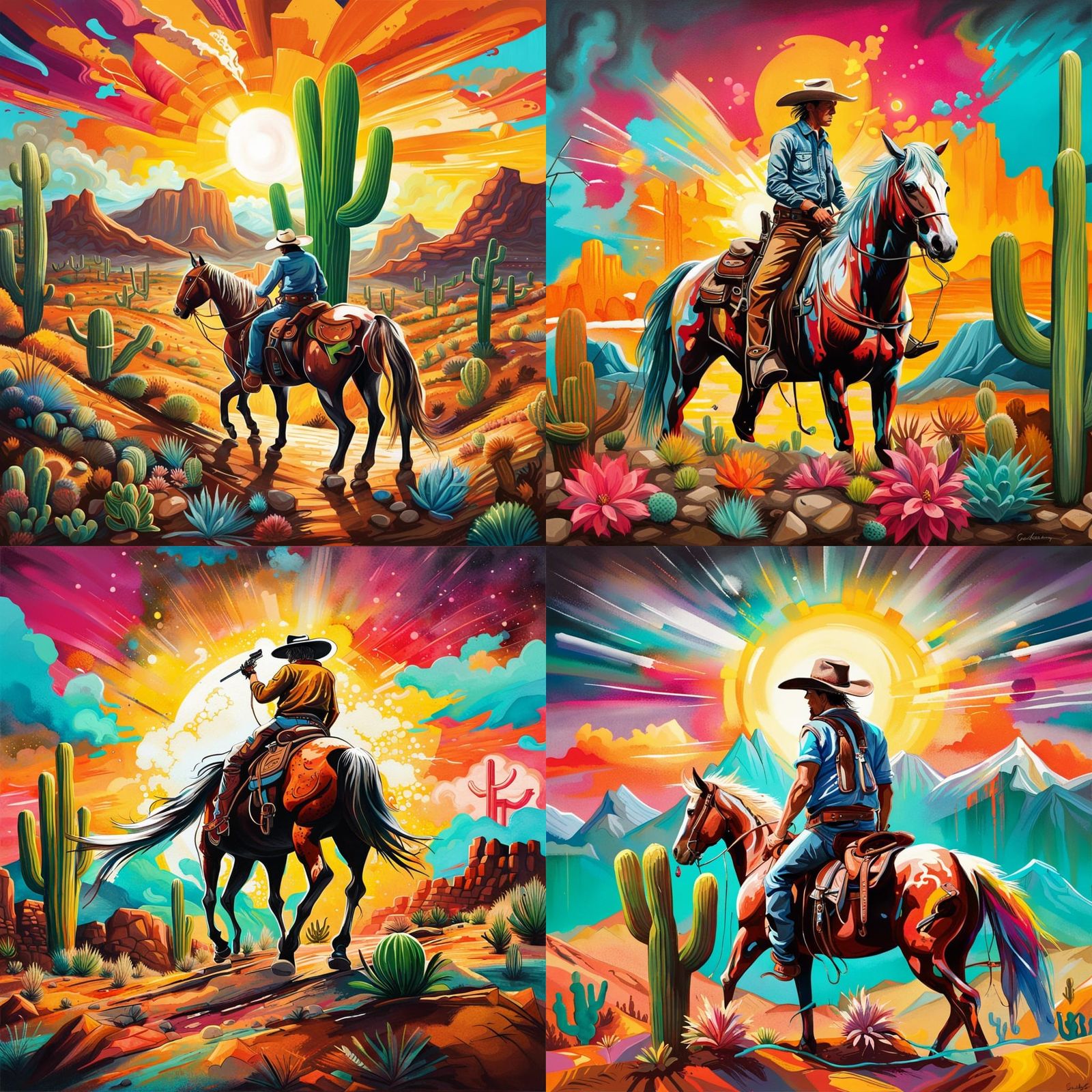 Texas cowboy country with cactus, hills, sunshine and a cowb...
