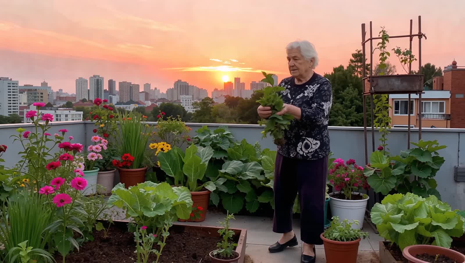 An elderly woman with a kind face tends to her rooftop garden overlooking a sprawling cityscape at sunset. The garden is...