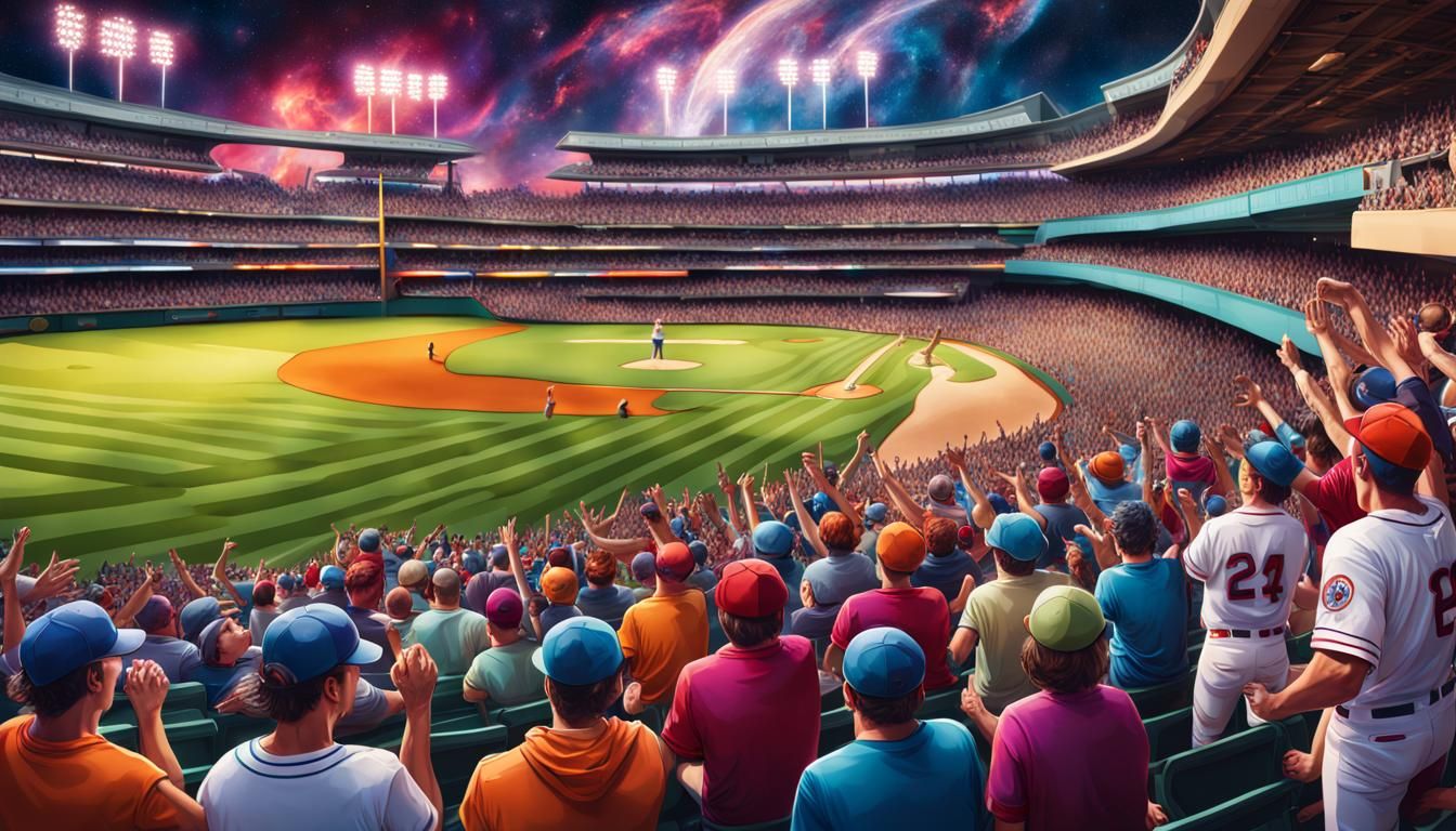 A surreal scene where baseball fans from different planets in the ...