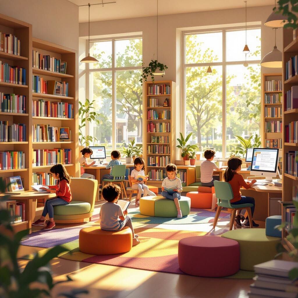 A school library with children in it students with separate spaces for reading and other spaces to socialize and play computer.
