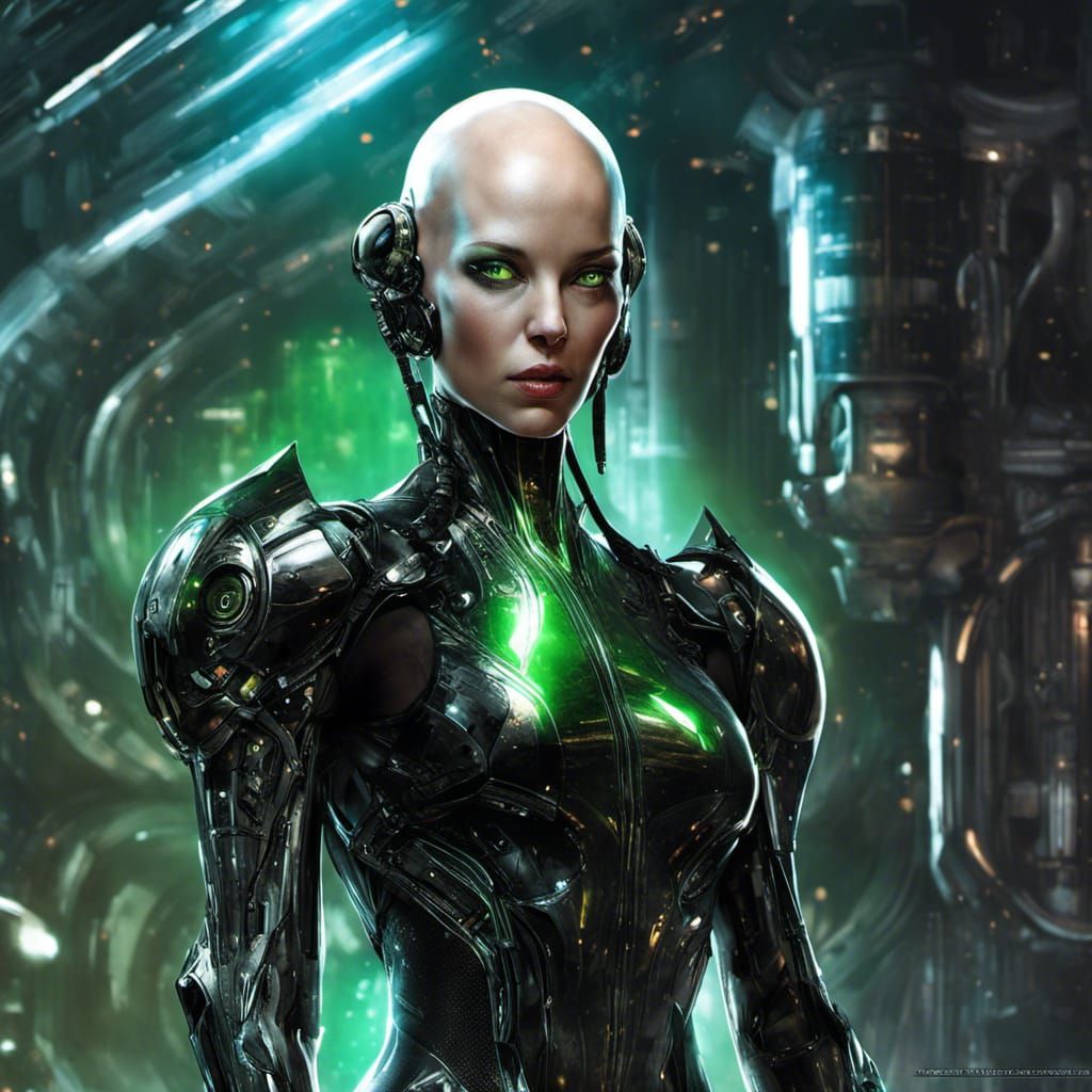 Beautiful bald female alien cyborg. Pointed Ears. Green Eyes. Her ...