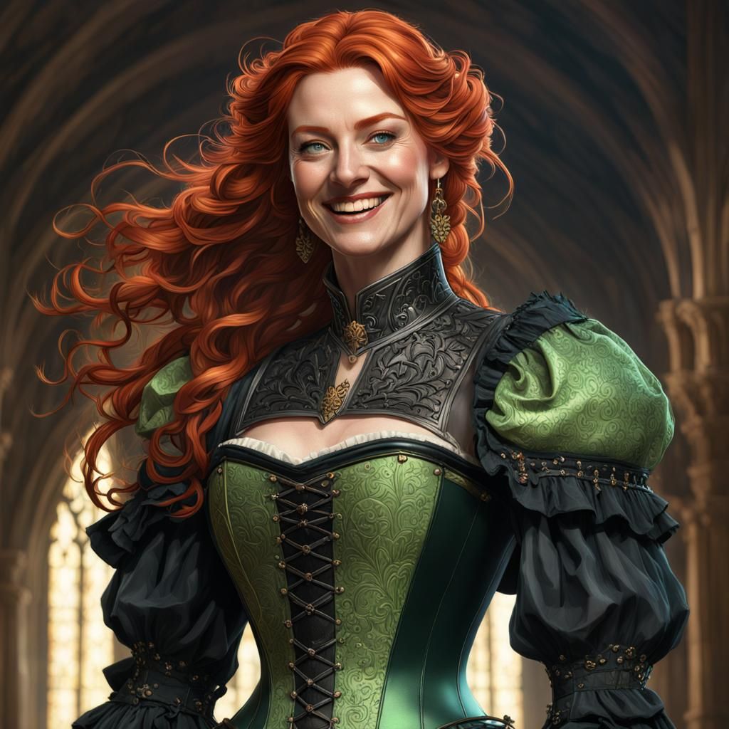 Superbe Femme chevalier rousse porte une robe médiévale vert...