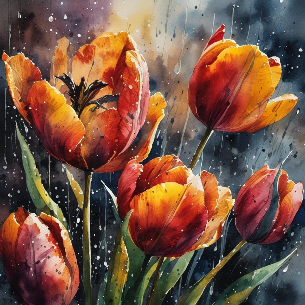  <lora:Surreal Realism:1.0> tulip colored, rain, morning, background autumn colours, highly detailed, deep contrast of colors 
