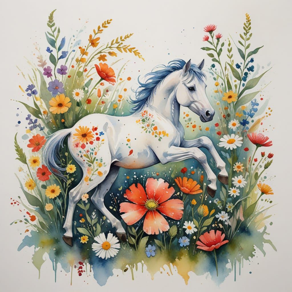 Foal Galloping Through Flower Fields in Watercolor Style