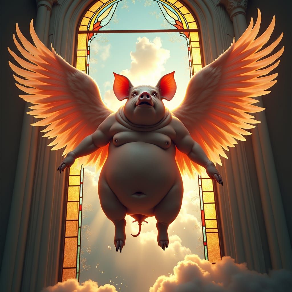A fat pig with wings flying through a window with ethereal clouds in the background. Hyper realistic Professional photographic image .