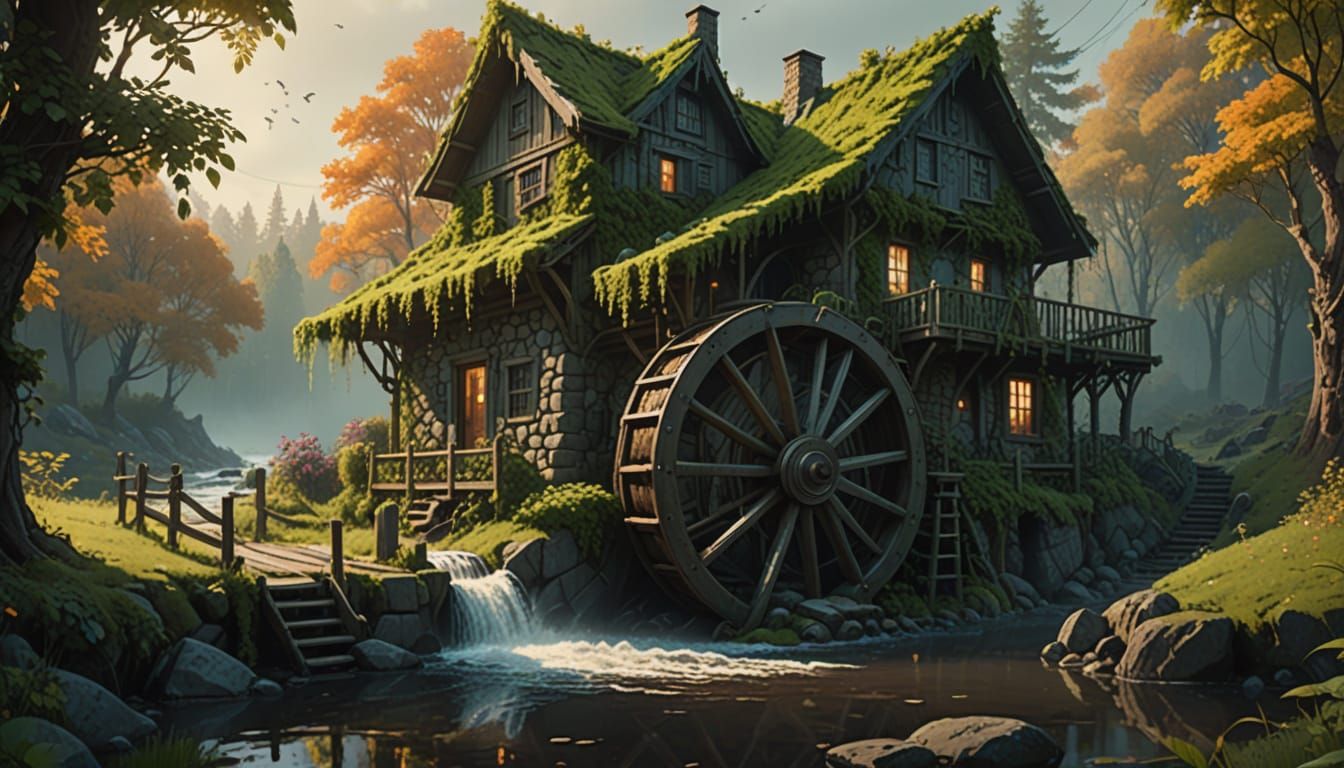 a wooden water wheel on a stone cottage   by @The Bitcoin Artist
