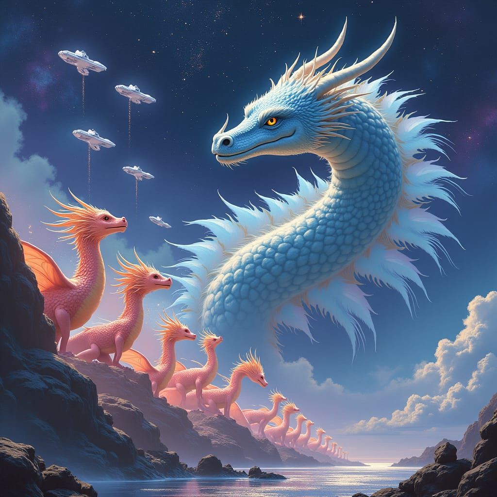 Mystical Dragon with Spaceships in Dreamlike Cosmic Scene