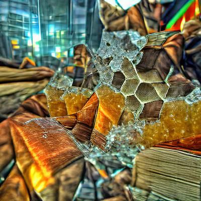 Honeycomb shattering glass crystals. Irridescent, HDR