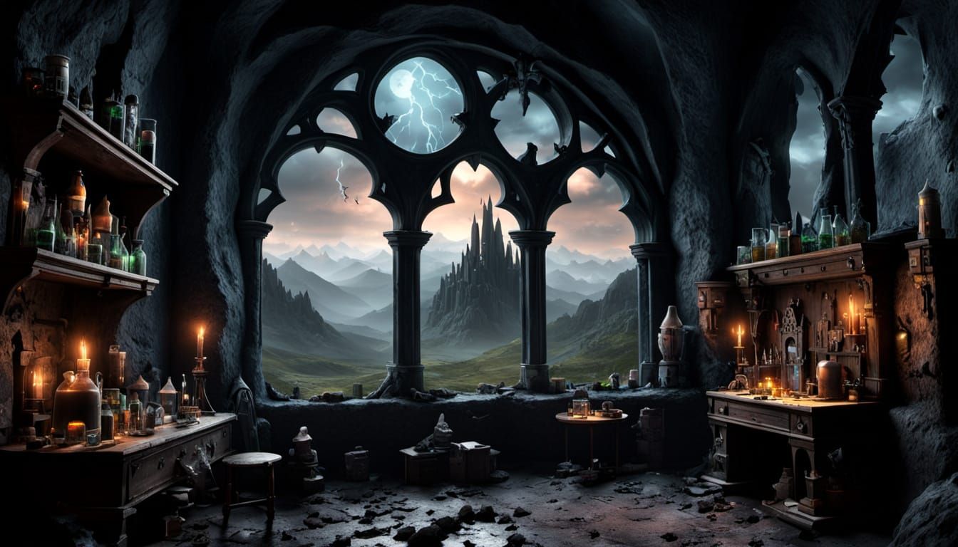 The hideout of Dr Frankenstein is a creepy dark laboratory in a ruined castle, furnished with lavish ...  by @onemiguel