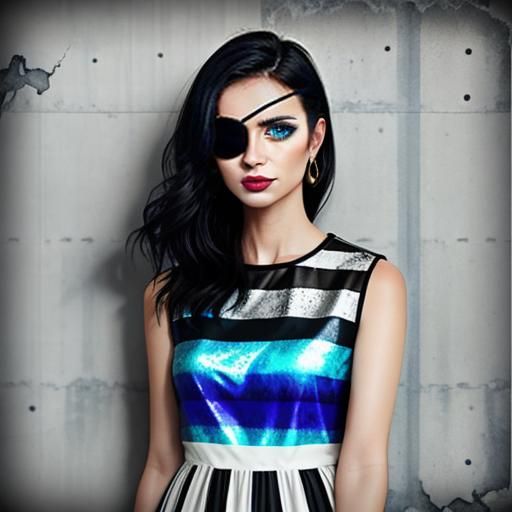 Portrait of gorgeous blackhaired woman wearing black eyepatch and striped dress
