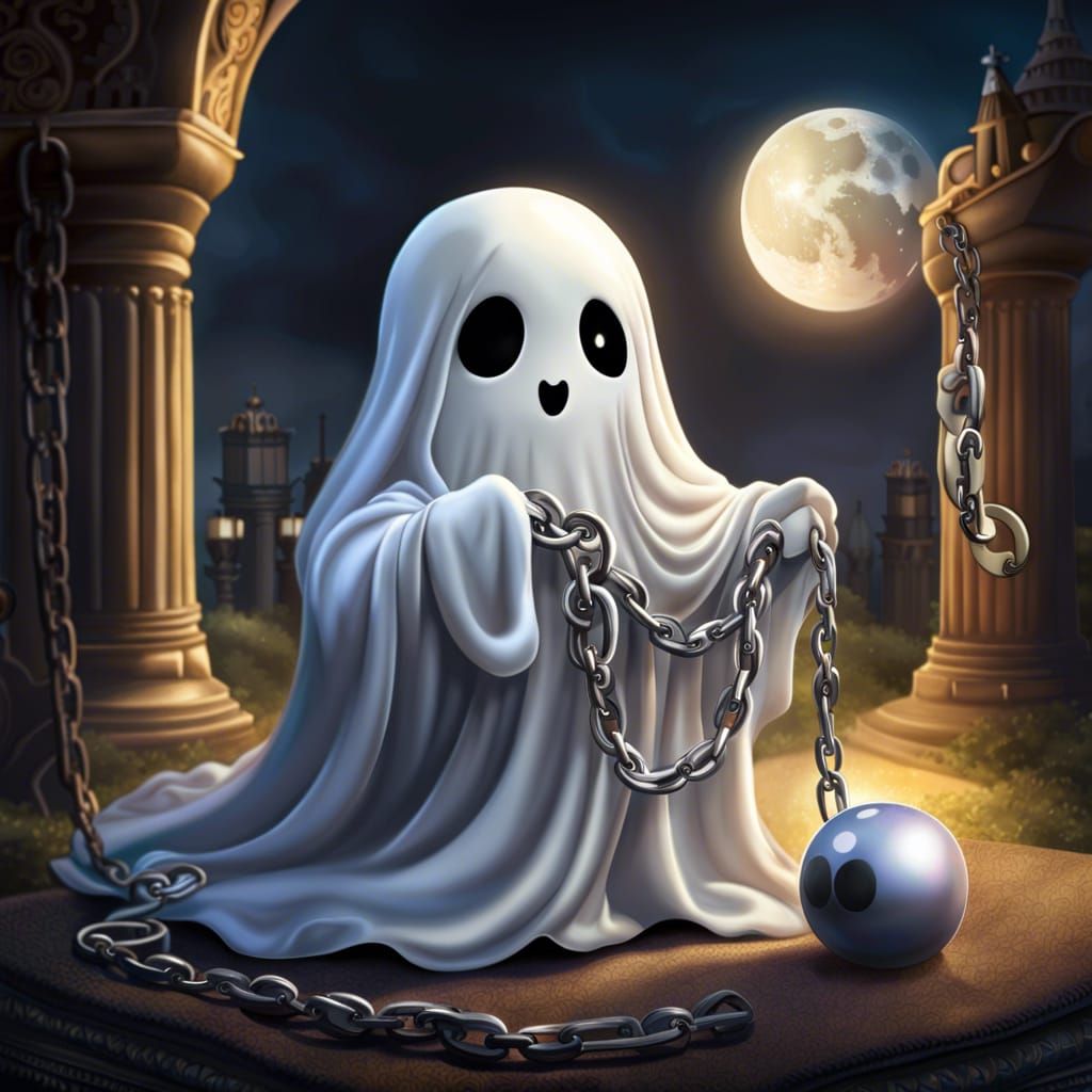 Cute Chibi Ghost Struggles with Ball and Chain