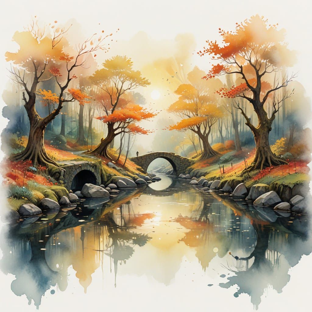 Enchanted Forest Archway with Autumn Foliage and Stream