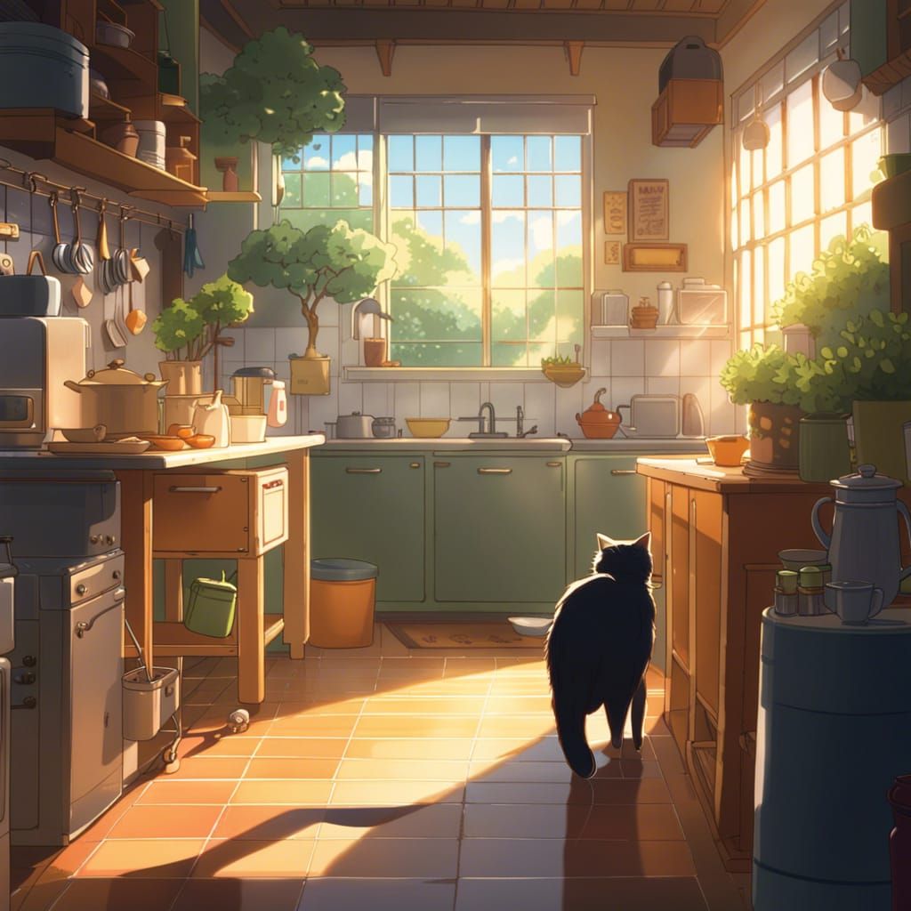 A cat walking around a kitchen