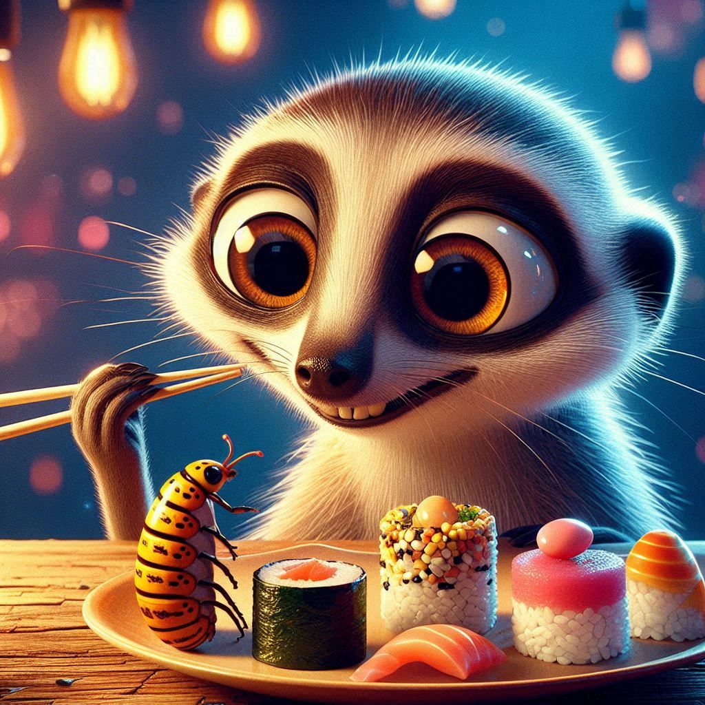 Meercat eating Bugsushi