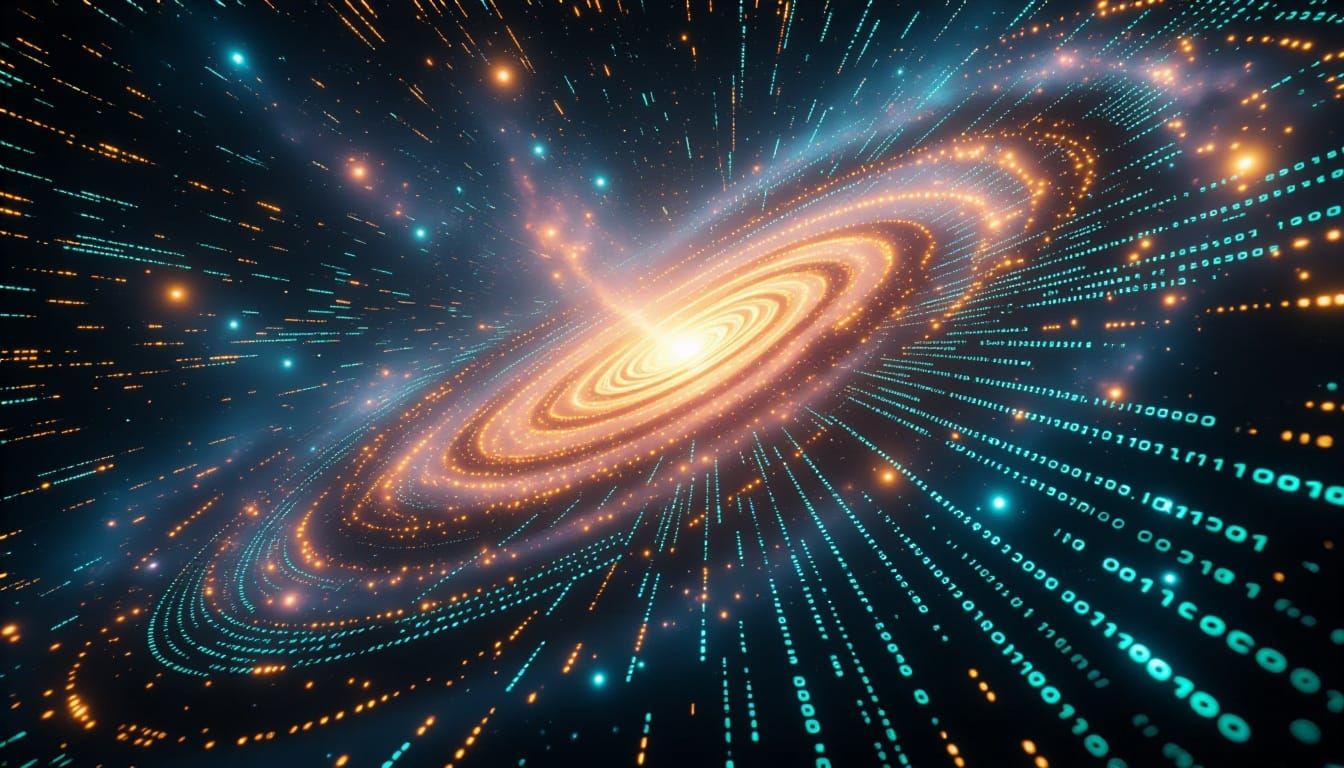 Galaxy of Encrypted Light
A vast galaxy swirling through space, its stars and nebulae formed entirely of glowing streams of binary code, lum...