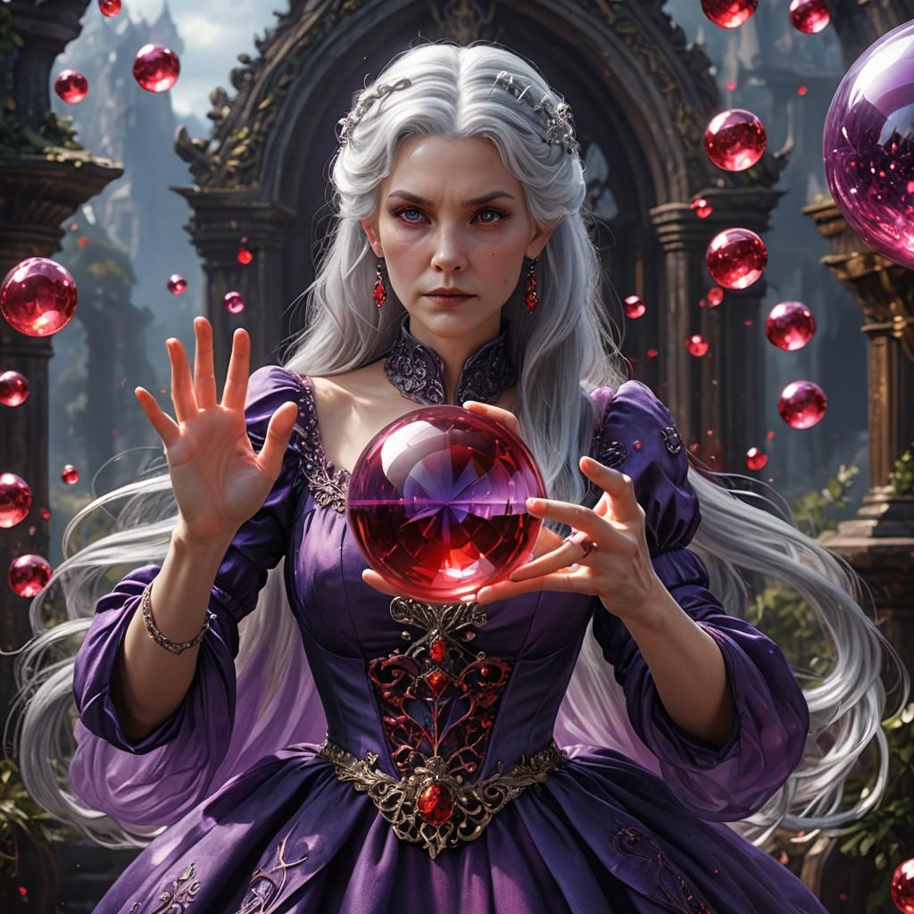 silver hair purple dress red crystal magic glass ball