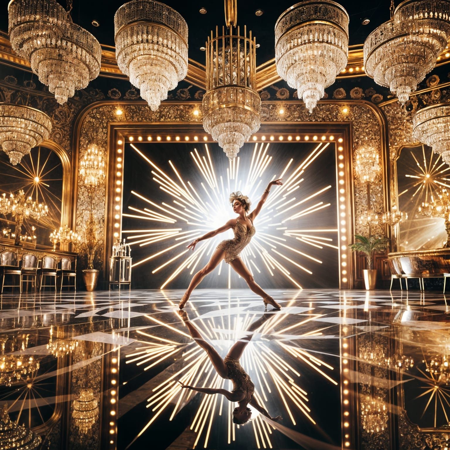 Showgirl performs beneath chandeliers and mirrors.
Flawless poise captured in mid-dance motion.
Backdrop ...  by @KomBib
